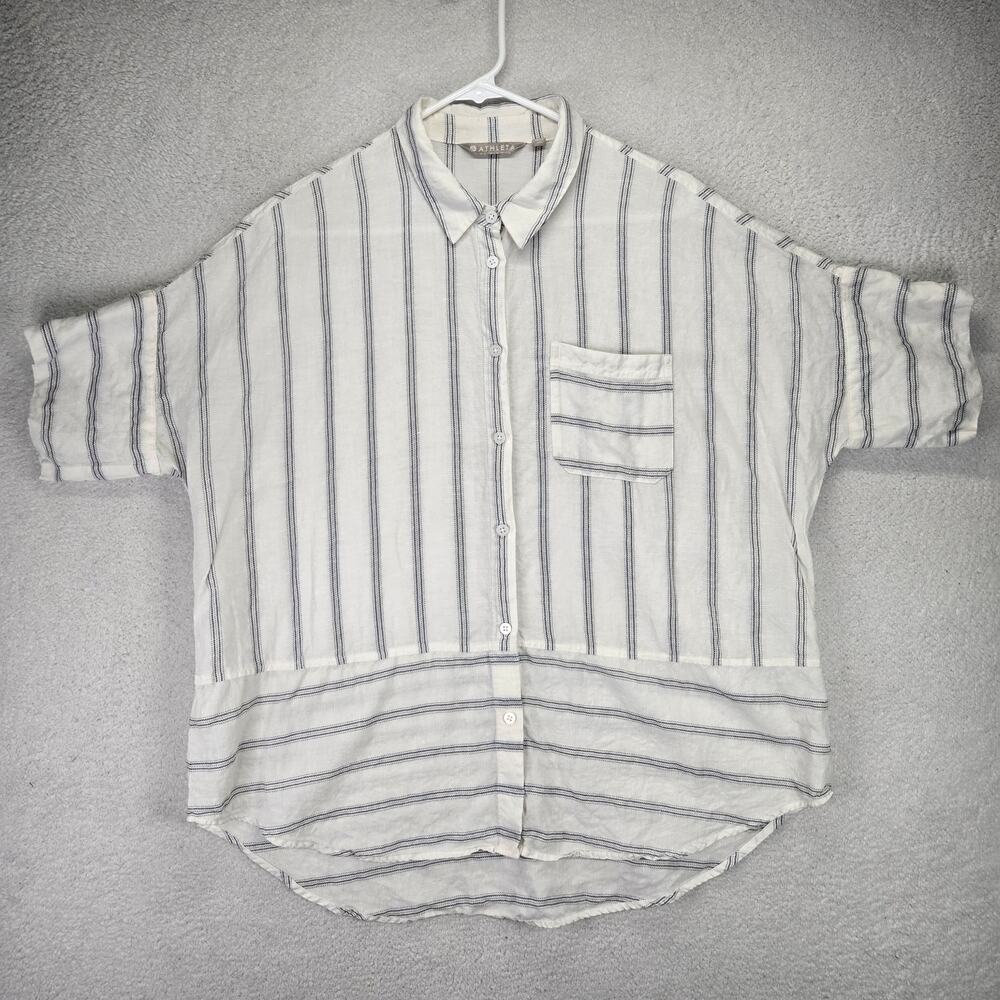 Athleta Shirt Womens M Anguilla Button Front Linen Blend Shirt Stripes Pocket